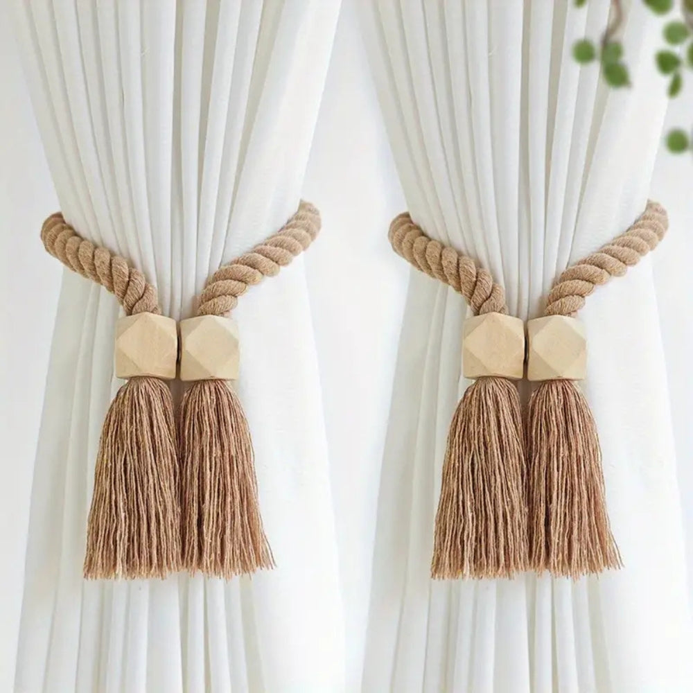 Wooden Bead Curtain Tie Backs - Natural Cotton Rope Tassel - 2 Pcs Set - Image 2