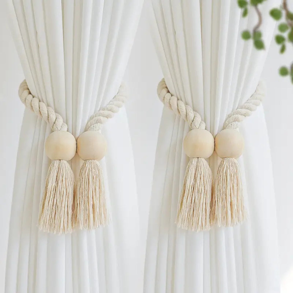 Wooden Bead Curtain Tie Backs - Natural Cotton Rope Tassel - 2 Pcs Set - Image 3