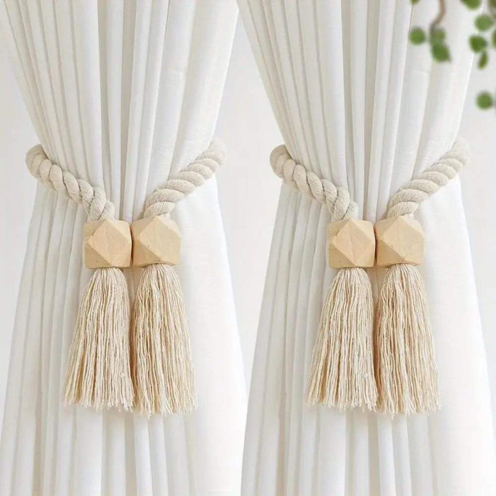 Wooden Bead Curtain Tie Backs - Natural Cotton Rope Tassel - 2 Pcs Set - Image 4