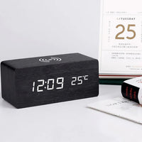 Wooden Digital Alarm Clock - with Wireless Charging - LED Display - Modern Style