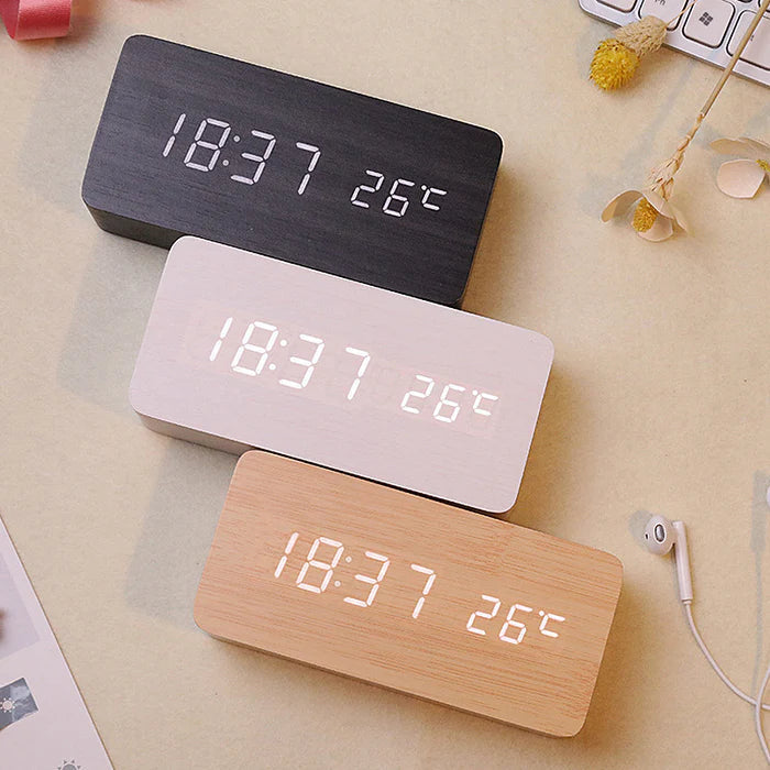 Wooden Digital Alarm Clock - with Wireless Charging - LED Display - Modern Style - Image 2