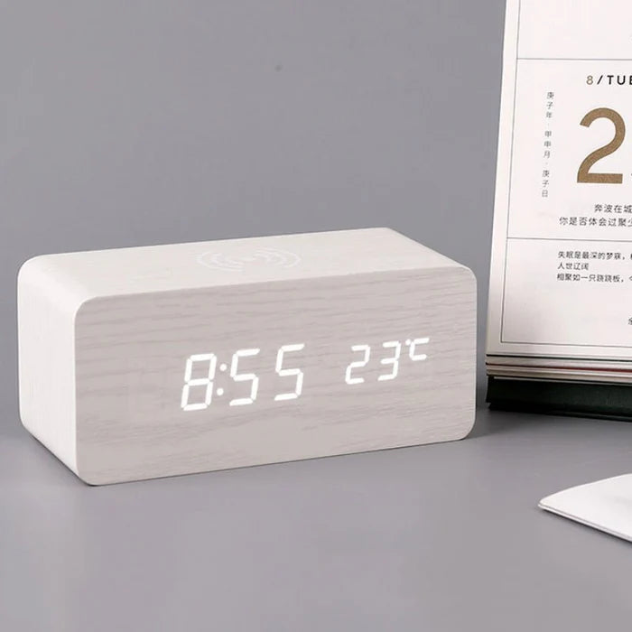 Wooden Digital Alarm Clock - with Wireless Charging - LED Display - Modern Style - Image 4