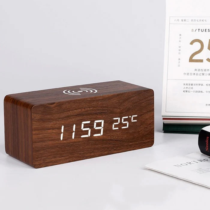 Wooden Digital Alarm Clock - with Wireless Charging - LED Display - Modern Style - Image 5