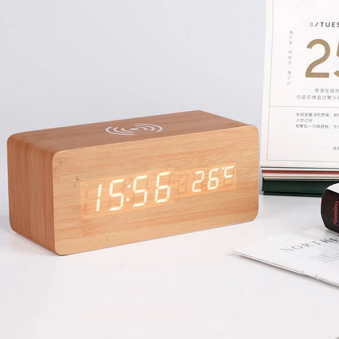 Wooden Digital Alarm Clock - with Wireless Charging - LED Display - Modern Style - Image 6
