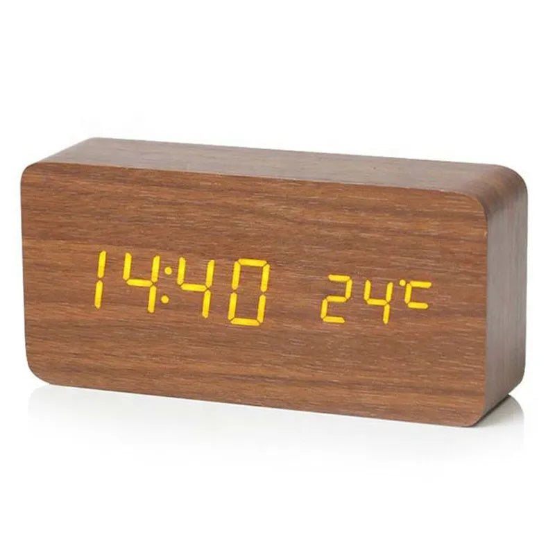 Wooden Digital LED Alarm Clock - Stylish with Temperature Display