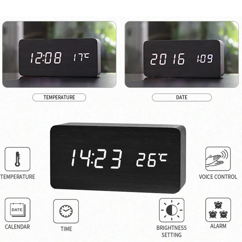Wooden Digital LED Alarm Clock - Stylish with Temperature Display