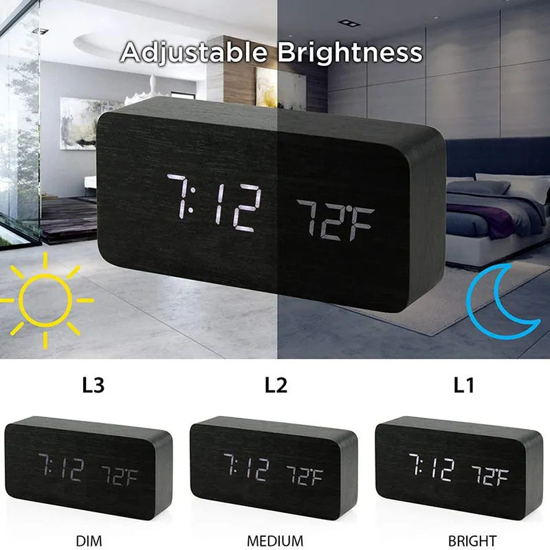 Wooden Digital LED Alarm Clock - Stylish with Temperature Display