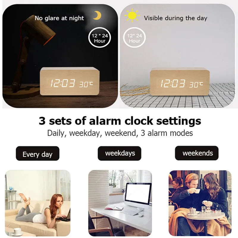 Wooden Digital LED Alarm Clock - Stylish with Temperature Display