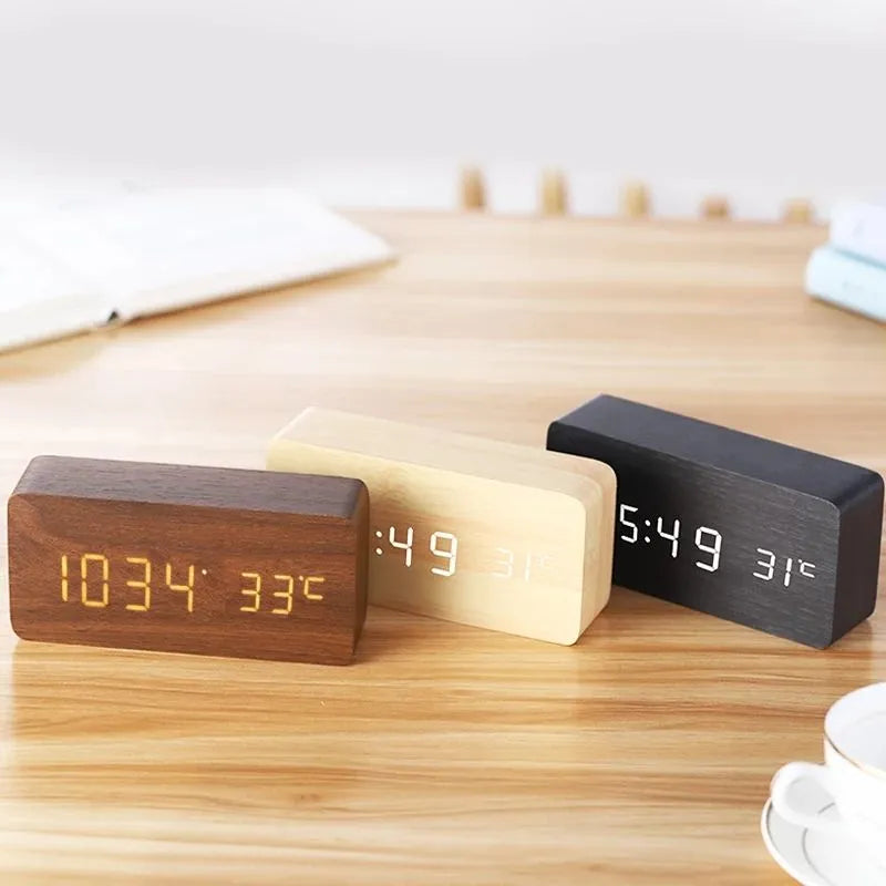 Wooden Digital LED Alarm Clock - Stylish with Temperature Display