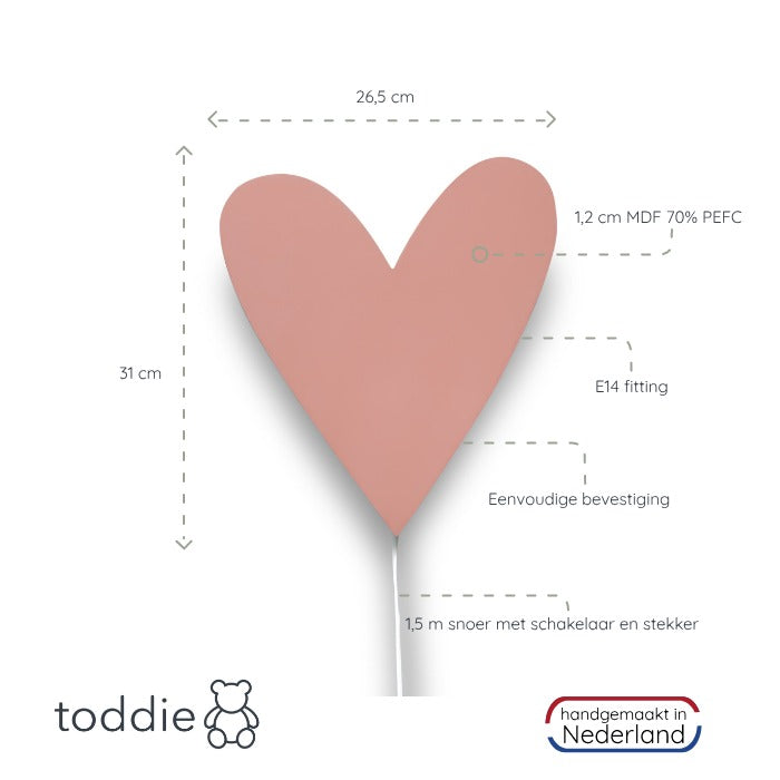 Wooden Nursery Wall Lamp | Heart Shaped - Terra Pink
