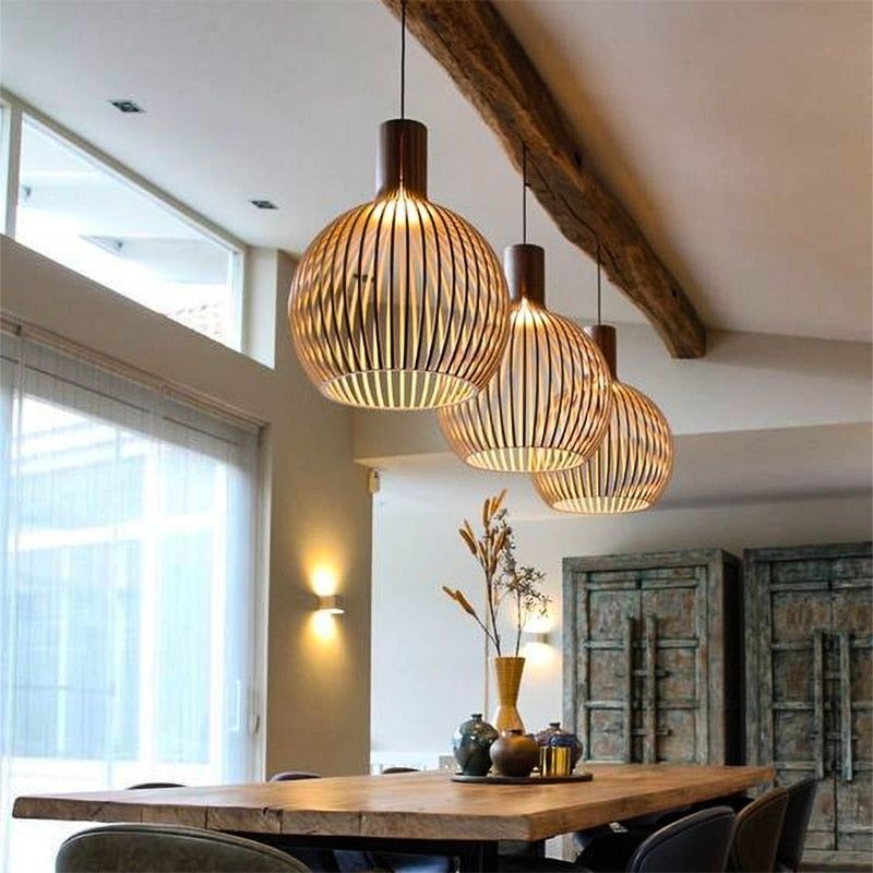 Wooden Pendant Light - Stylish Cage Shade - Japandi Style Lighting - Image 2
