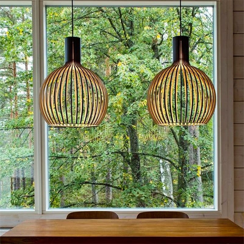 Wooden Pendant Light - Stylish Cage Shade - Japandi Style Lighting - Image 3