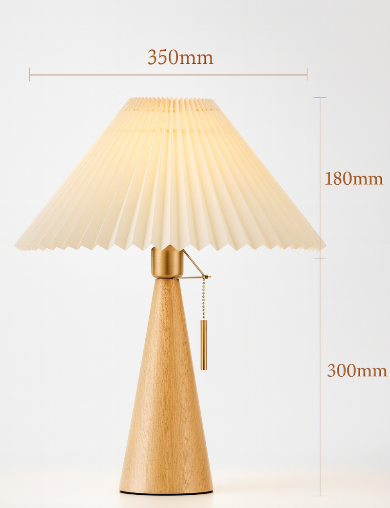 Wooden Table Lamp - Pleated Fabric Shade - Minimalist Bedside Lighting - Image 4