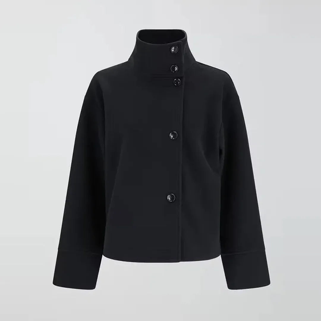 Wool Jacket with High Stand Collar and Button Closure