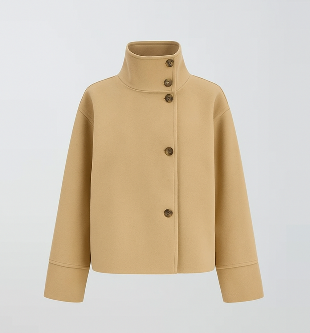 Wool Jacket with High Stand Collar and Button Closure