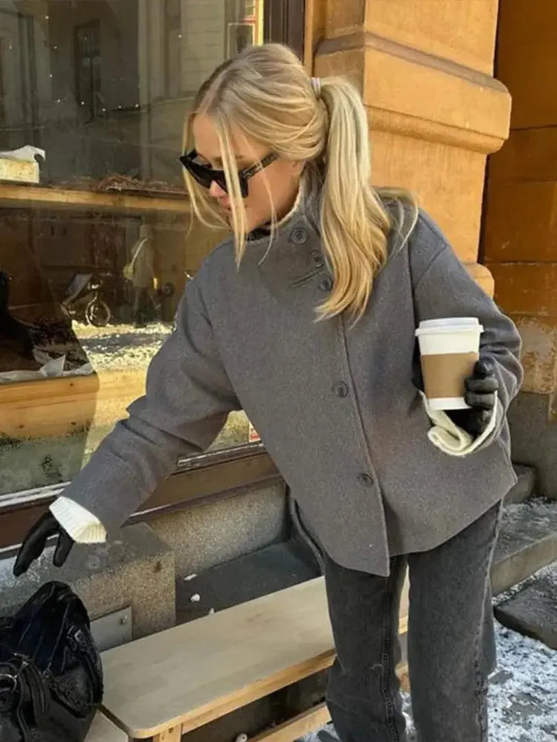 Wool Jacket with High Stand Collar and Button Closure
