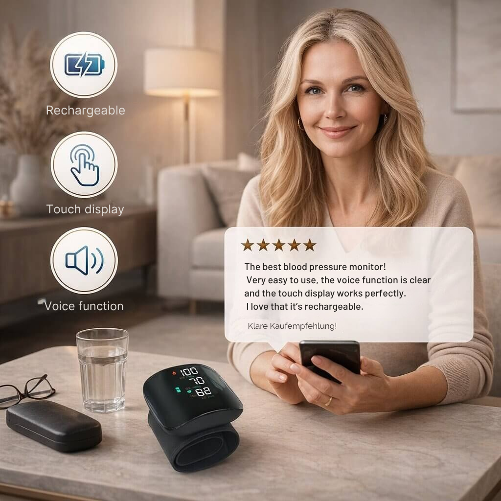 Wrist Blood Pressure Monitor | Touch Display with Voice Function | Rechargeable | Vitalensa
