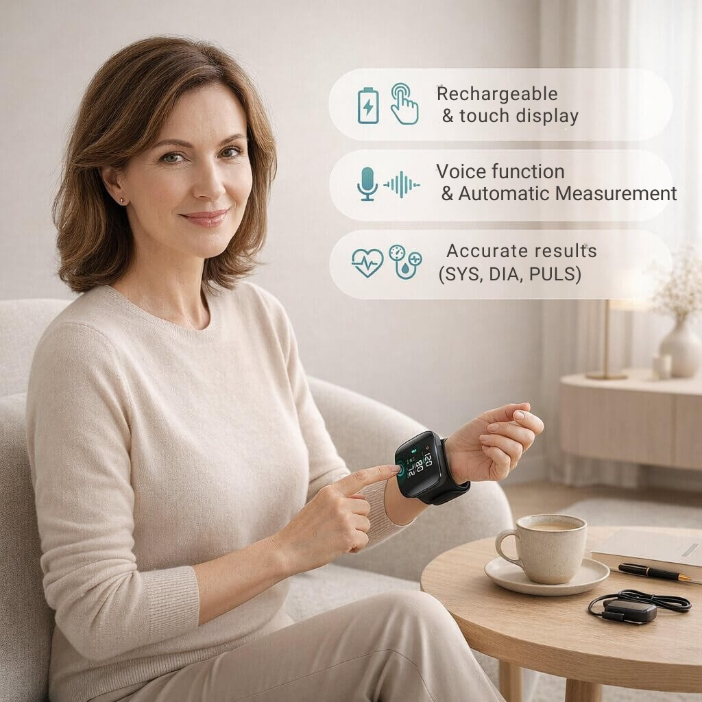 Wrist Blood Pressure Monitor | Touch Display with Voice Function | Rechargeable | Vitalensa