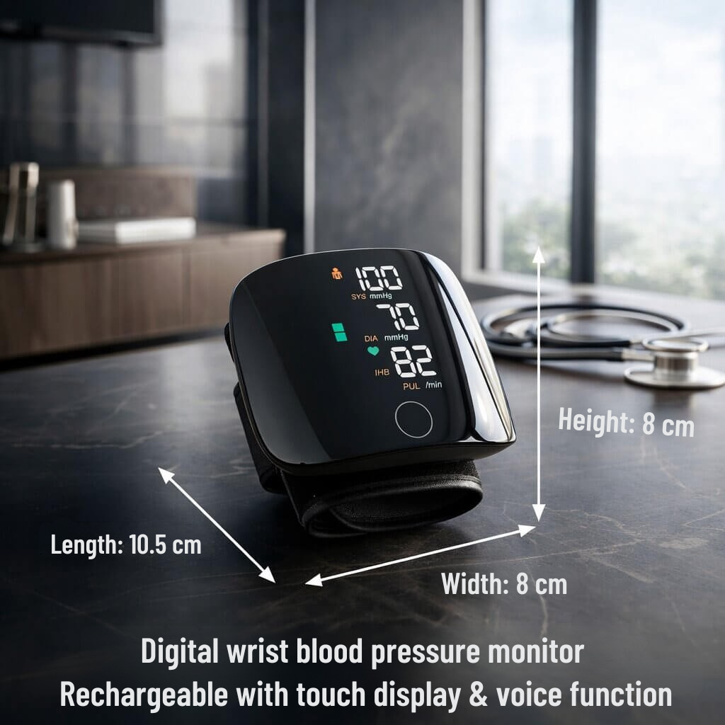 Wrist Blood Pressure Monitor | Touch Display with Voice Function | Rechargeable | Vitalensa